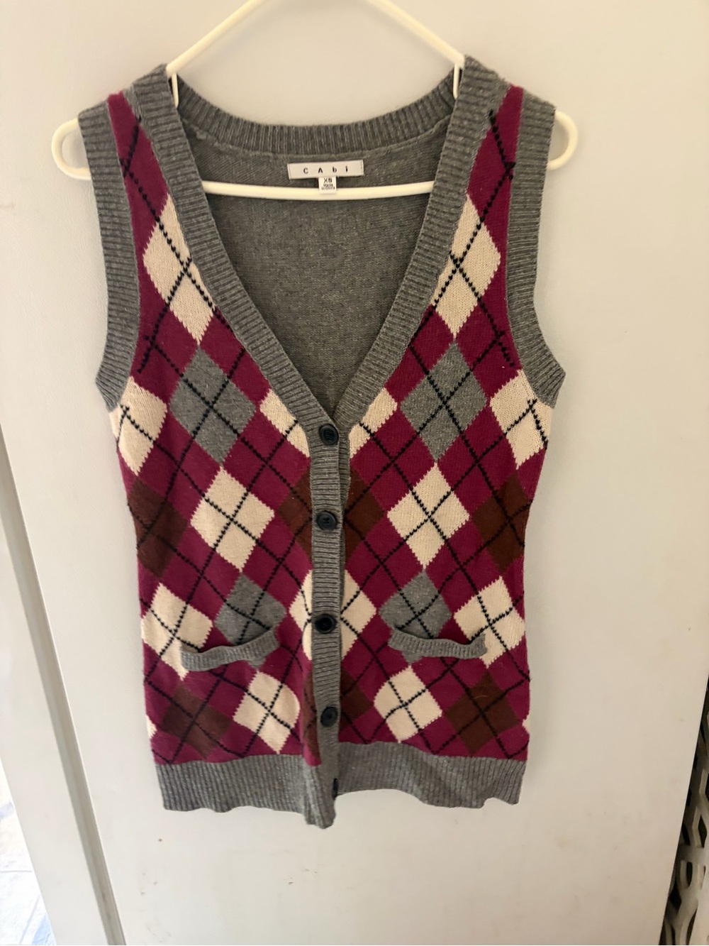 CAbi Gray and Pink Argyle Knit Button Vest